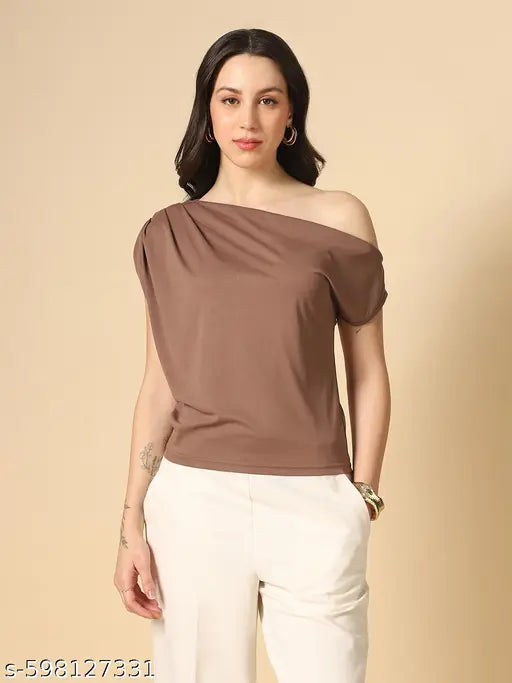 Globus Women Brown One Shoulder Extended Sleeve Gathered & Pleated detail Party Top