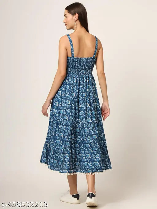 Divena Sky Blue Printed Cotton Fabric Fit & Flare Dress