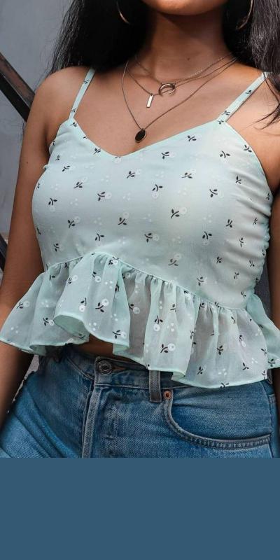 Green Ruffle Peplum Crop Top