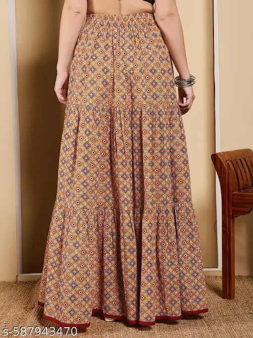 FIORRA Women's Mustard Yellow Printed Cotton Flared Skirt