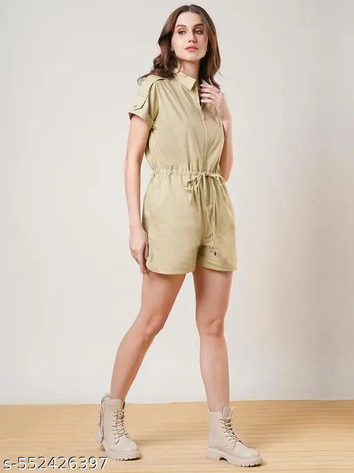 Globus Women Beige Extended Sleeves Shirt Collar Waist Tie-Up Front Zip Closure Playsuit