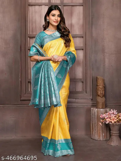 Janasya Women's Yellow Silk Blend Checked Woven Design Jacquard Border Saree with Blouse Piece