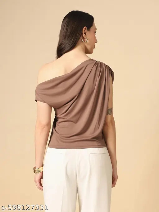 Globus Women Brown One Shoulder Extended Sleeve Gathered & Pleated detail Party Top