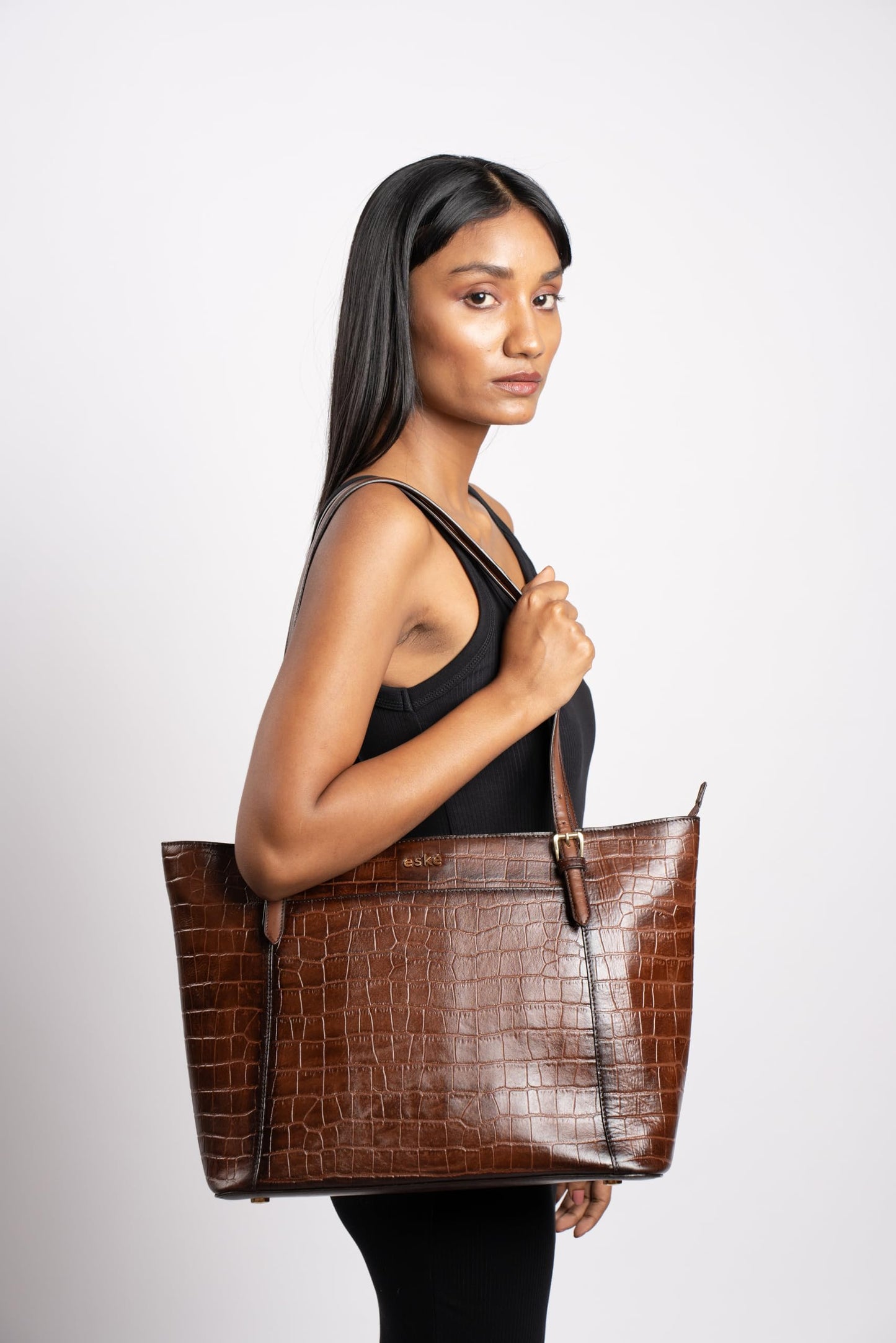 eske Jemma Genuine Leather Tote Bag for Women (Brown Hand-Stitched) - SaumyasStore