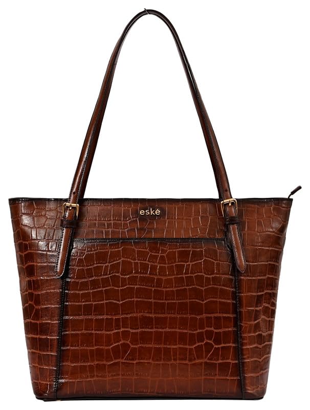 eske Jemma Genuine Leather Tote Bag for Women (Brown Hand-Stitched) - SaumyasStore