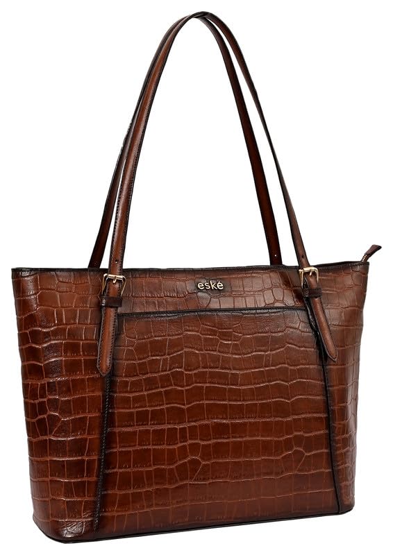 eske Jemma Genuine Leather Tote Bag for Women (Brown Hand-Stitched) - SaumyasStore