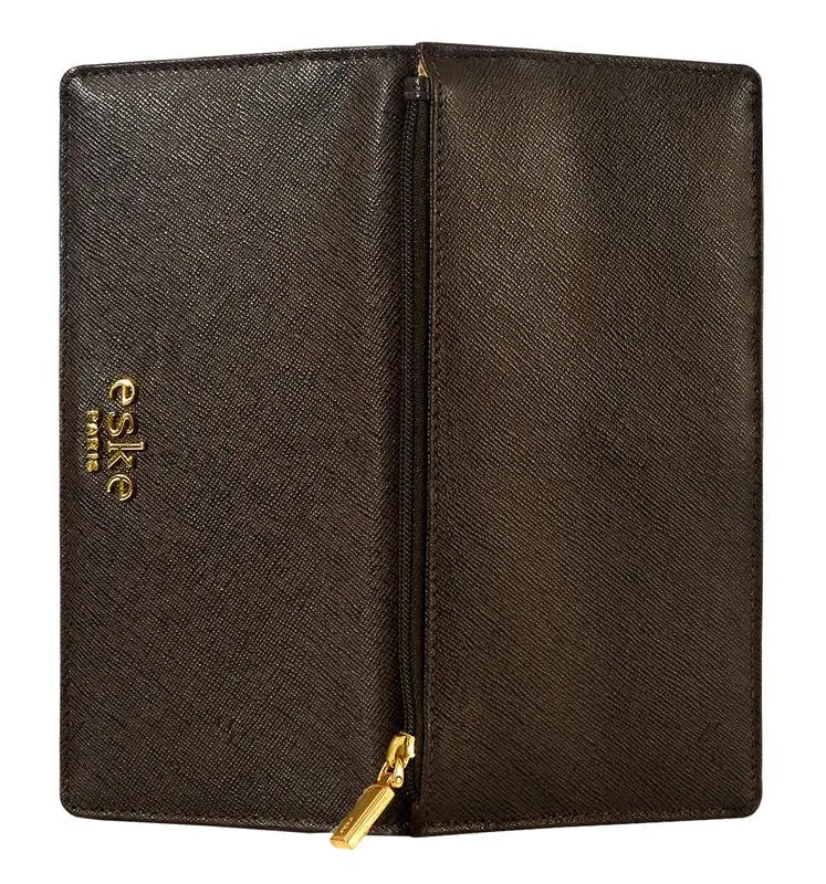 eske Kyle - Two fold Wallet - Genuine Quilted Leather - Holds Cards, Coins and Bills - Compact Design - Pockets for Everyday Use - Travel Friendly - for Women (Dark Brown Saffiano) SaumyasStore