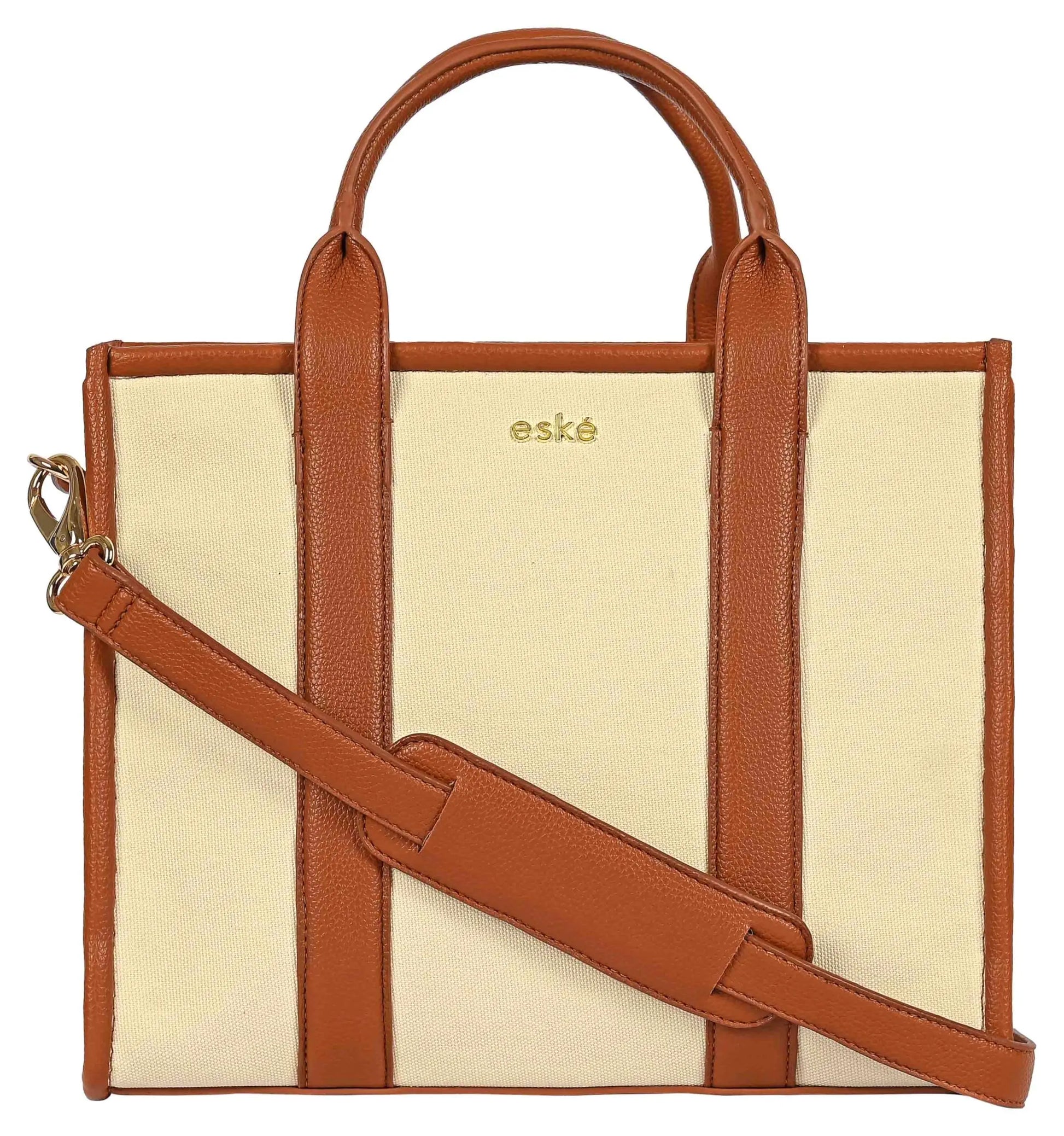 eske Trifine Vegan Leather Tote Bag for Women - Ladies Shoulder Bag - Spacious Compartments - Durable - Water Resistant - Adjustable Strap (Ivory Cognac) SaumyasStore