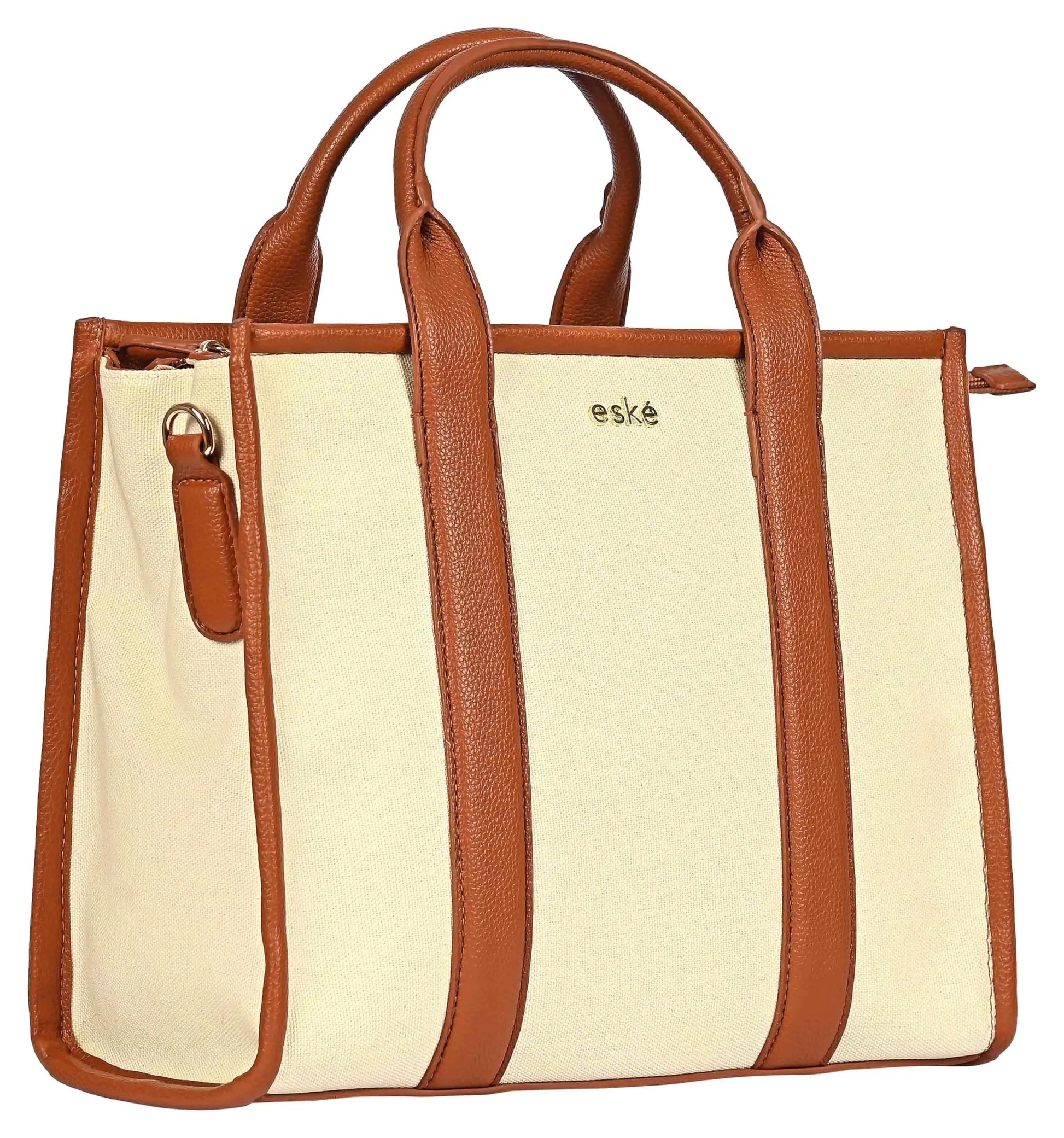eske Trifine Vegan Leather Tote Bag for Women - Ladies Shoulder Bag - Spacious Compartments - Durable - Water Resistant - Adjustable Strap (Ivory Cognac) SaumyasStore