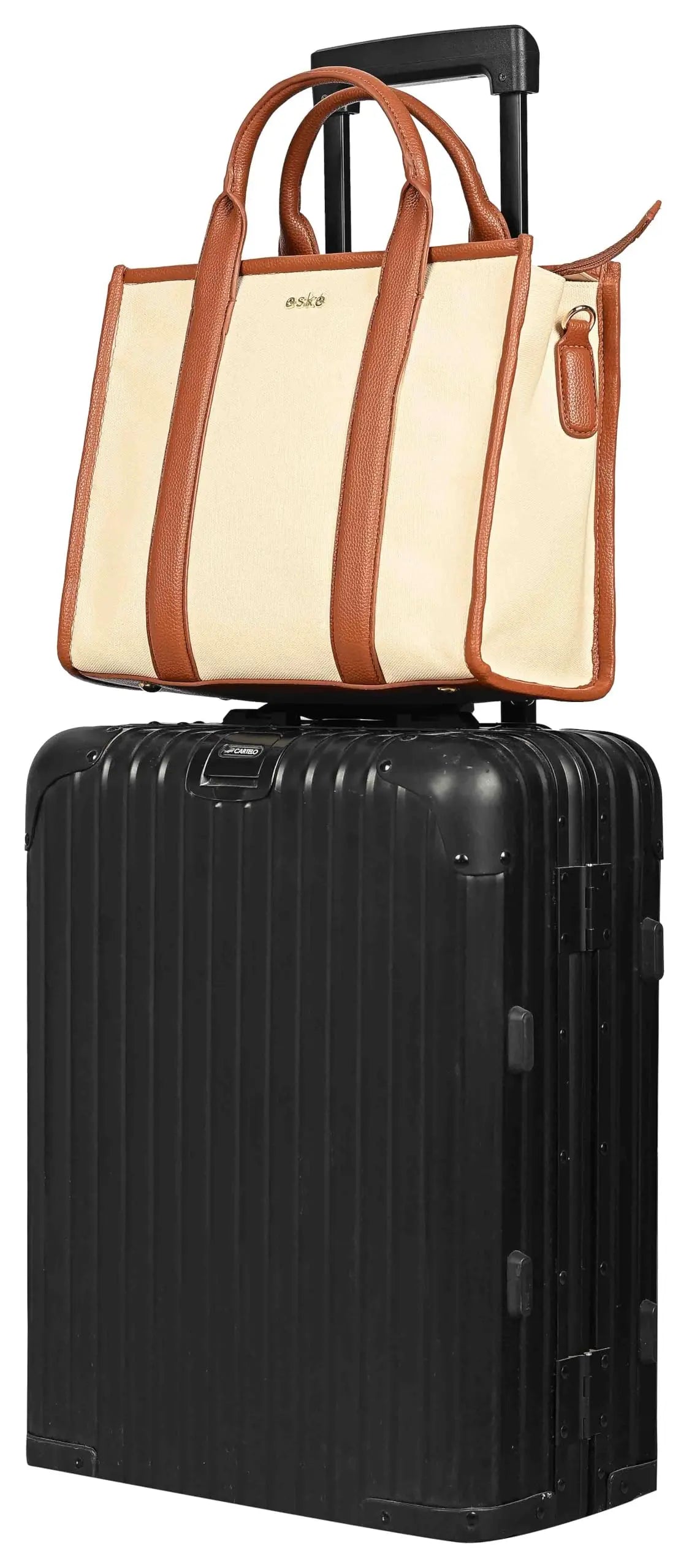 eske Trifine Vegan Leather Tote Bag for Women - Ladies Shoulder Bag - Spacious Compartments - Durable - Water Resistant - Adjustable Strap (Ivory Cognac) SaumyasStore