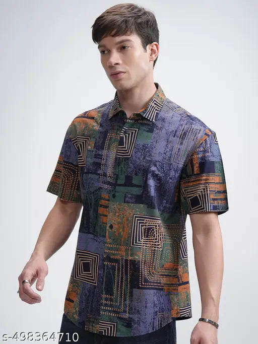 Ketch Men's Abstract Relaxed Cutaway Collar Green Shirts