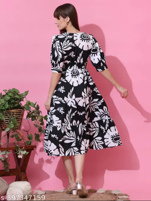 Sheetal Associates Black & White Floral Printed Smocked Waist Fit & Flare Midi Dress
