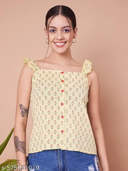FABRIC FITOOR Trendy Yellow Floral Printed Cotton Sleeveless Women's Top(Yellow)