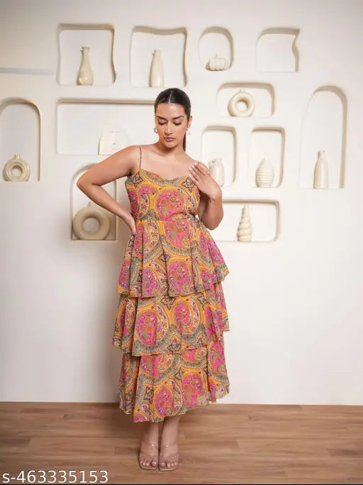 Purvaja Women's Midi Length Layered Dress