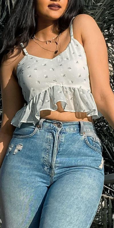 Green Ruffle Peplum Crop Top