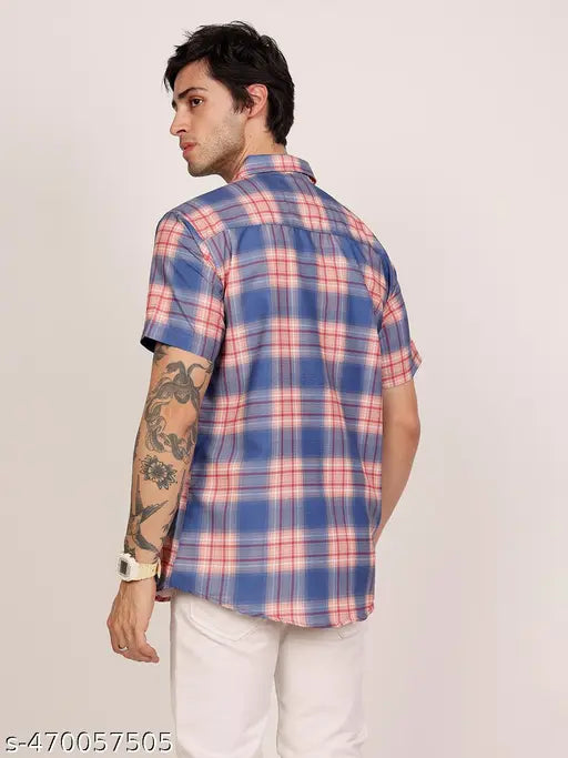 LEOTUDE Men's Checked Regular Spread Collar Blue Shirts