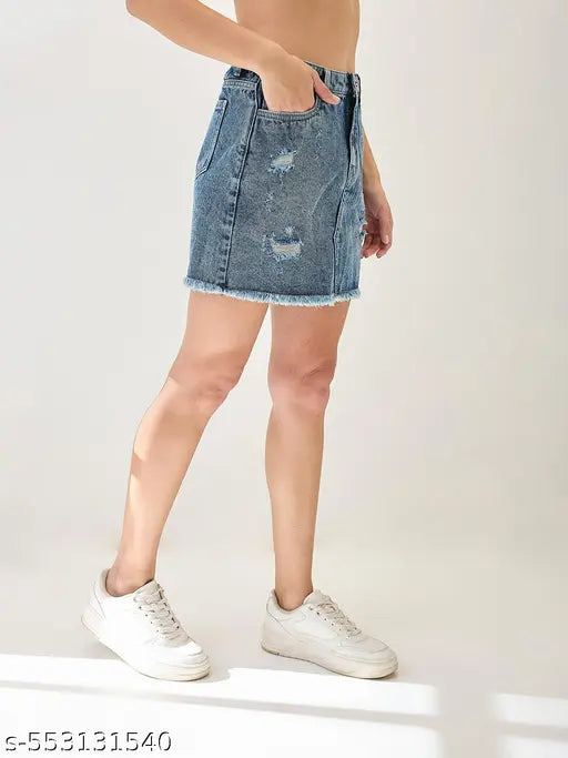 Globus Women Med Blue Mid Rise Distressed & Frayed Hem Mini Denim Skirt