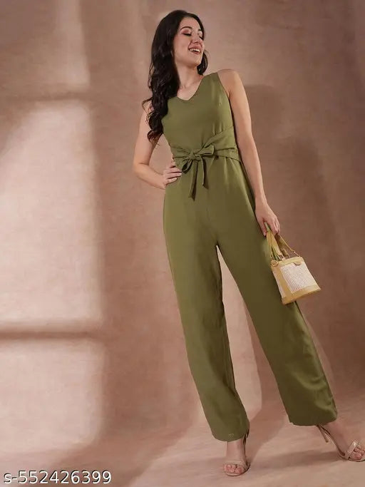 Globus Women Olive V-Neck Waist Tie-Up Longline Jumpsuit