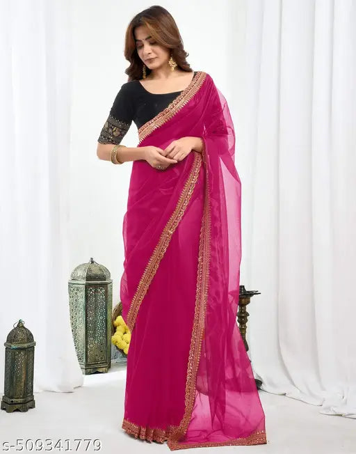 SATRANI Net Pink Saree with Velvet Blouse