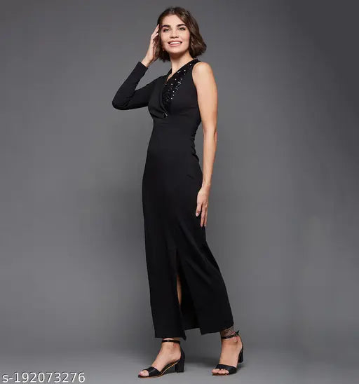 Women's Solid V-neck Black Dresses