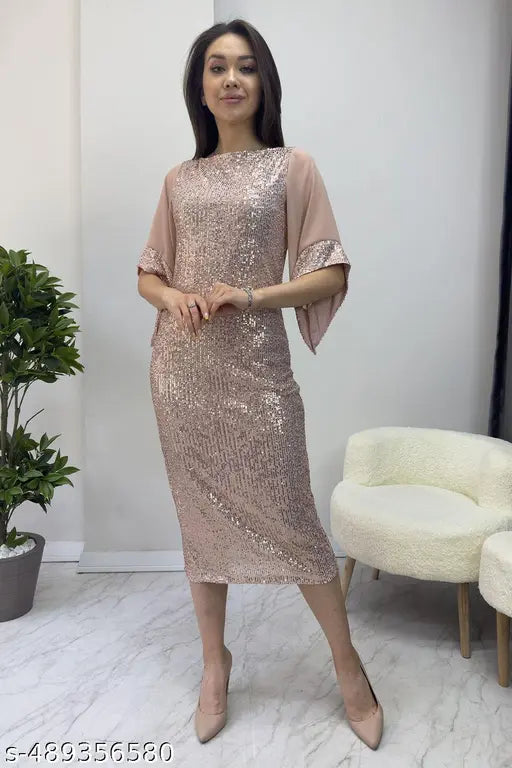 Elegant Sequin Midi Dress with Sheer Bell Sleeves – Rose Gold