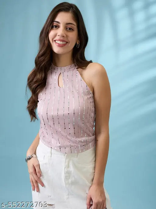 Globus Women Pink Keyhole Halter Neck Sequinned Detail Party Top