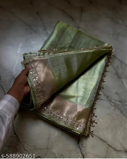 Wedding Guest Special: Soft Silk Tissue Saree with Rich Zari Work and Embellished Border
