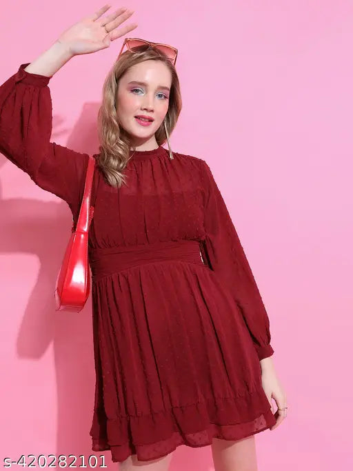 Ketch Women Maroon Self Design Fit and Flare Dress