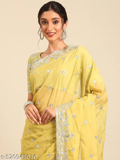 Women's Tabby Silk Embroidery Lace Border Saree With Unstitched Blouse Piece