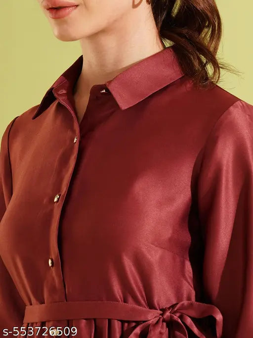 Globus Women Dusty Pink Collared Front Opening Cuffed Sleeves Fit & Flared Shirt Party Dress