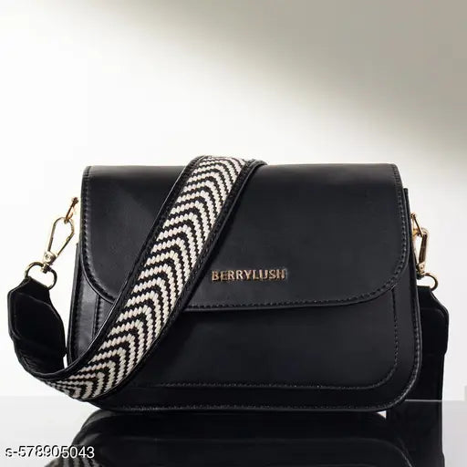 Berrylush Women Solid Black PU Detachable Sling Strap Striped Pattern Structured Regular Sling Bag