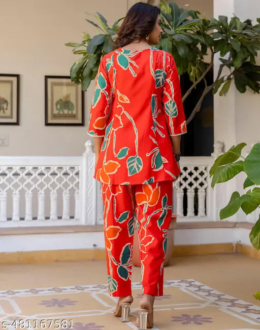 SELVIA Rayon blend Multicolor & Orange Printed Co ords set
