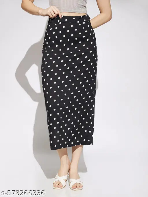 Globus Women Black Polka Dot Print Midi Rise Back Slit Pencil Midi Skirt