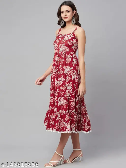 Divena Red Floral Printed Shoulder Strap Long dress