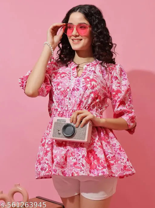Honky Tonky Pink Floral Printed Top with Regular Sleeves for Women