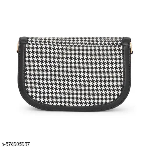 Berrylush Women Black & White Houndstooth Printed Fabric Detachable Strap Button-Up Regular Sling Bag