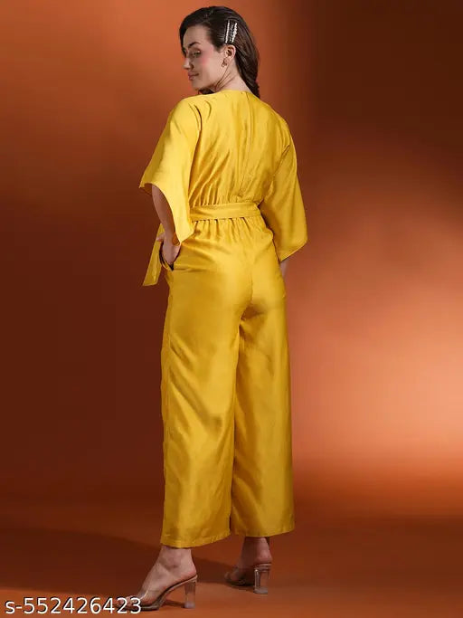 Globus Women Lime Green Neck Kimono Extended Sleeves Waist Tie-Up Flared Hem Work Wear Jumpsuit