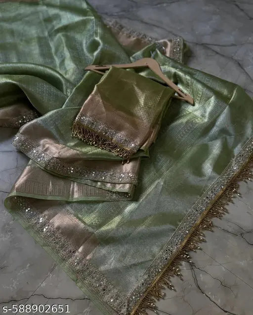Wedding Guest Special: Soft Silk Tissue Saree with Rich Zari Work and Embellished Border