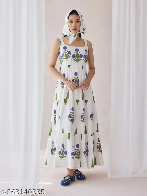 FIORRA Women's Off-White Floral Printed Cotton Maxi Dress