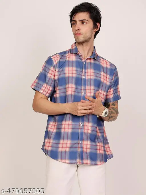 LEOTUDE Men's Checked Regular Spread Collar Blue Shirts