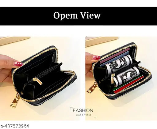 SYGA Women's Card Holder Ready-Made Embroidery Thread Coin Purse Short Wallet Zipper(Black)