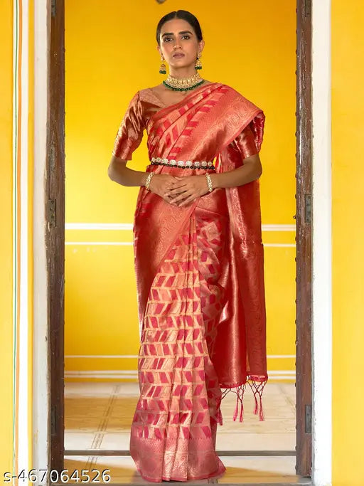 Janasya Women's Pink Organza Woven Geometric Design Saree with Unstitched Blouse Piece