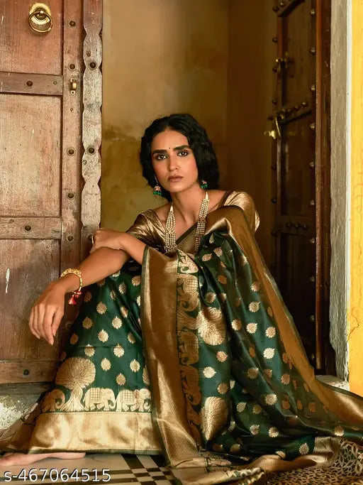 Janasya Women's Dark Green Organza Woven Ethnic Motifs Saree with Unstitched Blouse Piece