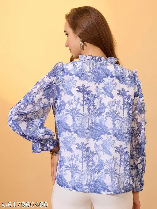 Globus Women Blue Frilled Tie-Up Neck Bishop Sleeves Tropical Print Ruffle Detail Top