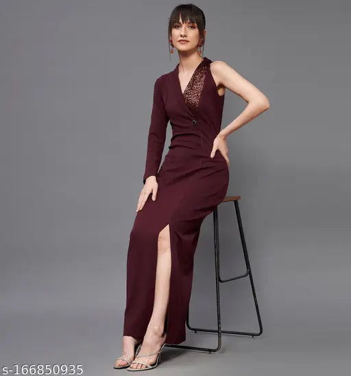 Women's Solid V-neck Brown Dresses