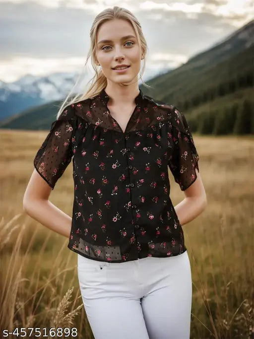 Rare Women Casual Black Colour V-Neck Floral Regular Top