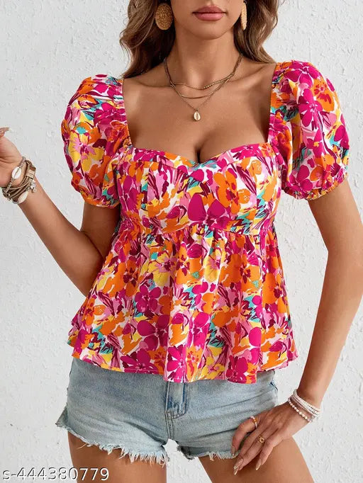 Women’s Stylish Puff Sleeve Print Top for Women Perfect for Beach or Casual Wear for Women & Girls