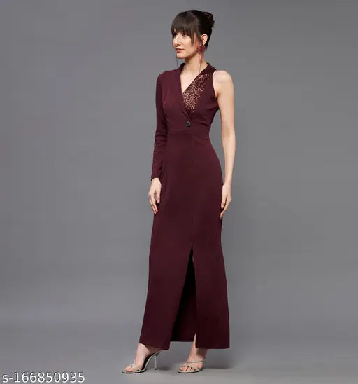 Women's Solid V-neck Brown Dresses