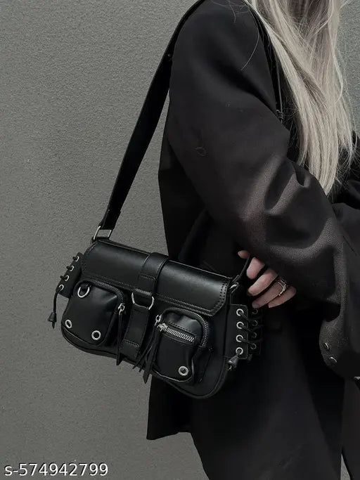 Black Front Double Pocket Crossbody Shoulder Sling Bag For Women