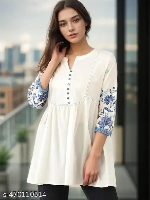 Women Beautiful Tunic Top , Women Printed Top , Women White Top